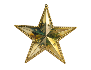 Ornate, reflective gold five-pointed star ornament