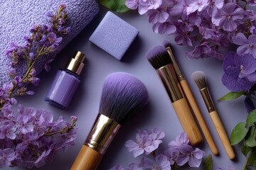 Pastel lavender lifestyle board with beauty brush and flowers