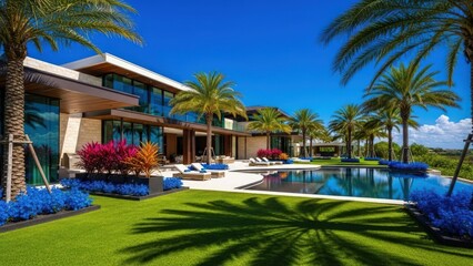Sprawling modern luxury villa with a reflective pool, vibrant tropical garden, palms, and sunny blue sky