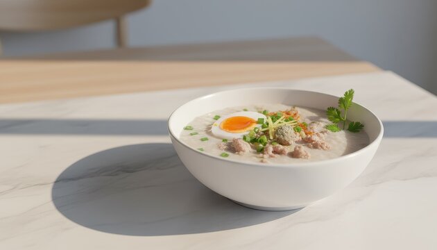 Traditional Asian rice porridge with soft boiled egg and pork