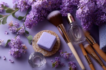Pastel lavender lifestyle board with beauty brush and flowers