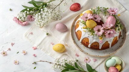 Decorative Easter Kulich Cake with Spring Flowers and Eggs - 8