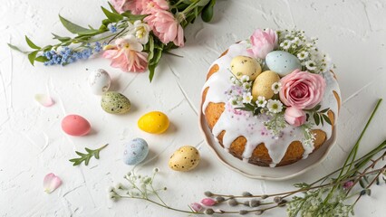 Decorative Easter Kulich Cake with Spring Flowers and Eggs - 7