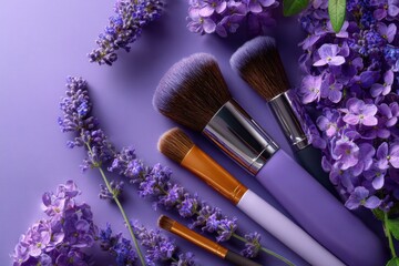 Pastel lavender lifestyle board with beauty brush and flowers