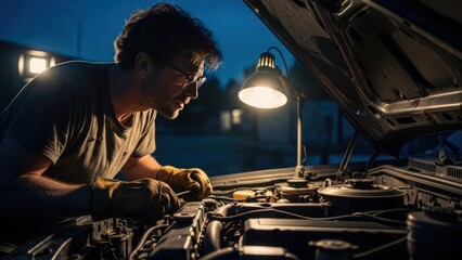 Man in gloves and glasses inspects a car engine at night, lit by a portable lamp