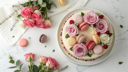 Elegant Biscuit Cake with Roses and Colorful Macarons - 6