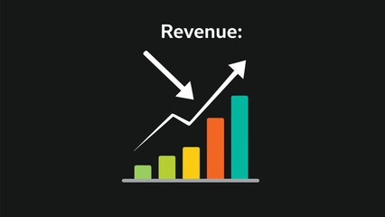 Animated graphic illustrating the concept of rising revenue trends shown by increasing bar heights and an upward trending line on a dark background