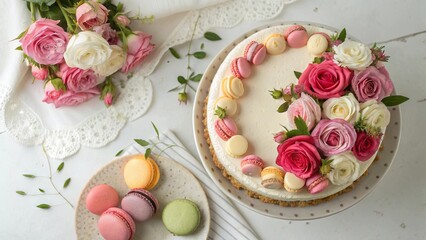 Elegant Biscuit Cake with Roses and Colorful Macarons - 5