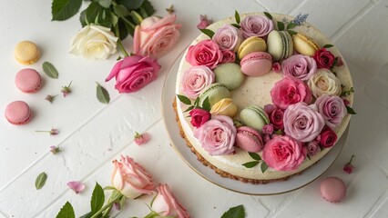 Elegant Biscuit Cake with Roses and Colorful Macarons - 3