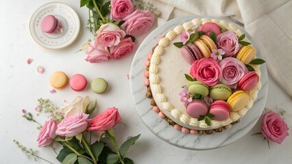 Elegant Biscuit Cake with Roses and Colorful Macarons - 2