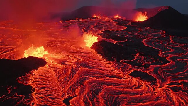 Vibrant molten lava flows, a fiery river of incandescent rock solidifying into abstract volcanic landforms under a dark sky.