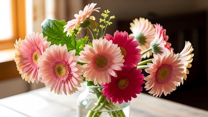 A Glass Vase Filled With Pink and Yellow Gerbera Daisies Sits on a Table, Illuminated by Natural Light From a Window