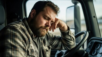 Fatigued bearded man in plaid shirt dozing inside a truck cab, head resting on his hand
