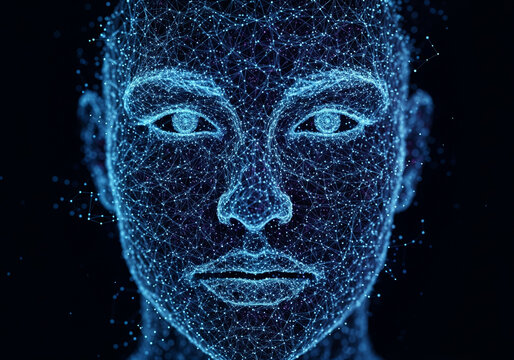 Abstract face portrait made of glowing interconnected dots and lines plexus. - Powered by Adobe