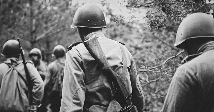 Black-and-White Soldiers Marching Through Dense Forest
