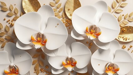 Luxurious 3D white orchid flowers with golden leaves and pearls on a beige background, elegant floral wallpaper design