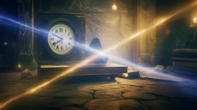 Mysterious glowing orbs illuminating an antique clock face with dramatic light beams