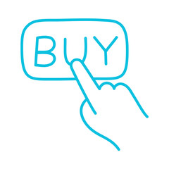 A blue line art illustration of a hand pressing a 'BUY' button, representing online shopping, e-commerce, and consumer action.