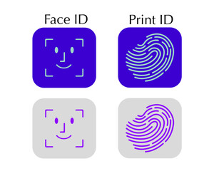 Face ID and touch ID. Fingerprint sign. Identification icons. Facial recognition system, identification face. Finger scanner. Biometric verification. Vector.