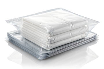 Stack of White Plastic Trash Bags in Transparent Packaging Isolated on White