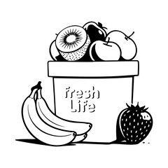 Fresh Fruit Bucket with Apples Bananas and Strawberries Illustration