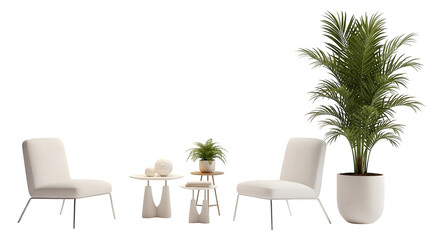 Fototapeta premium Two white chairs and a plant isolated on transparent background