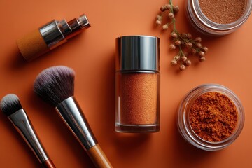 Pastel orange makeup mood board with jars and brushes