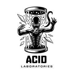 Grotesque Alien Creature Breaking Glass in Laboratory Illustration