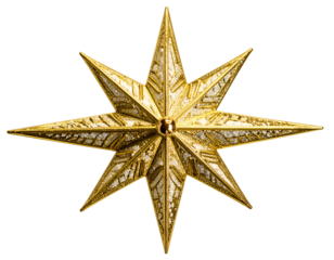 Ornate eight-pointed gold starburst ornament with intricate etched detailing