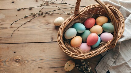 Wicker Basket with Colorful Easter Eggs on Wooden Table - 10
