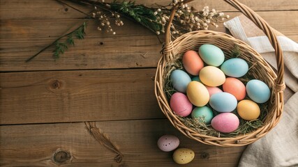 Wicker Basket with Colorful Easter Eggs on Wooden Table - 9