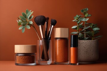 Pastel orange makeup mood board with jars and brushes