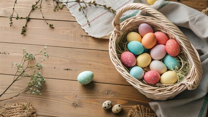 Wicker Basket with Colorful Easter Eggs on Wooden Table - 6