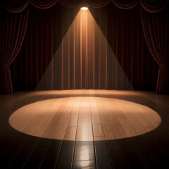 A lone spotlight illuminates an empty wooden stage with dramatic red curtains