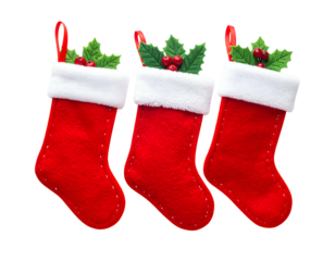 Three red Christmas stockings with white trim, holly, and berries