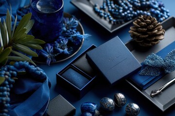 Luxury blue and silver tone product branding mood board