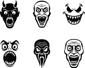 Black And White Demon And Monster Faces Vector Set on Transparent Background.