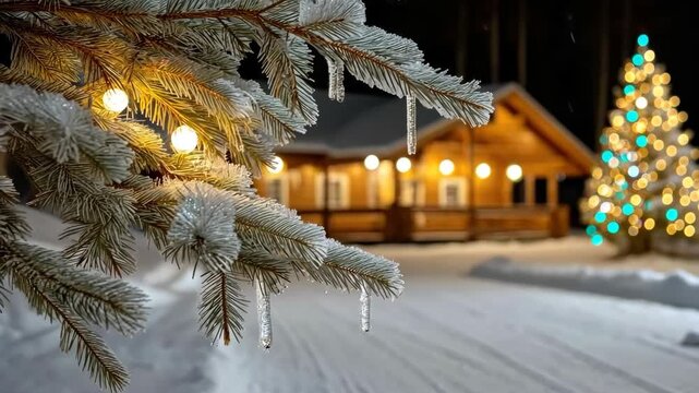 Winter night at cabin with Christmas tree and lights in the snow