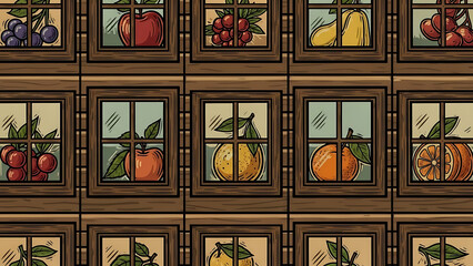 Fruit harvest repeating pattern viewed through multiple rustic wooden window frames background illustration