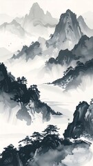 Traditional Chinese Ink Painting of Mountains.