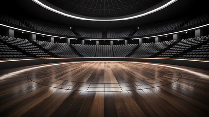 An empty circular stage with tiered seating in a darkened auditorium