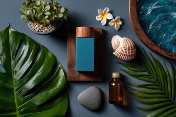 Skincare product mood board with beach elements