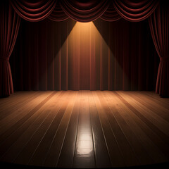 A dramatic stage setting with red curtains and a spotlight illumination