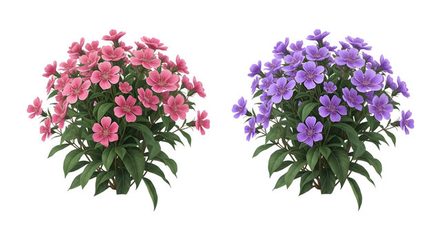 Two flowering plants isolated on transparent background with pink and purple blooms