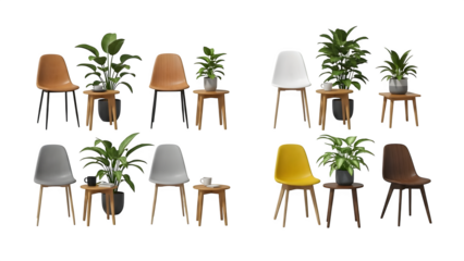 Collection of colorful chairs isolated on transparent background