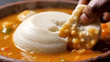 Closeup view of a persons hand expertly preparing a traditional African Fufu dish creating an indentation in the soft starchy dough before scooping it with a rich flavorful soup or stew showcasing au.