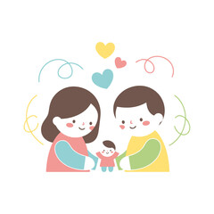 Whimsical Illustration of a Heartfelt Family Moment Featuring Smiling Parents and Child with