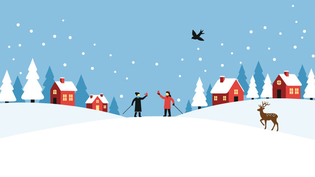 Charming winter landscape with small red houses, snow-covered hills, pine trees, people skiing, and a wild deer in the snowy woods.