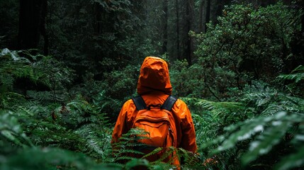 Hiker in vibrant orange jacket exploring lush, green forest trail
