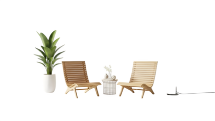 Two wooden deck chairs and a potted plant isolated on transparent background